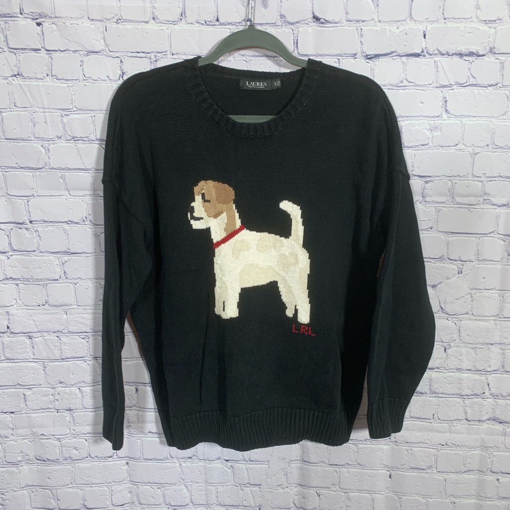Lauren Ralph Lauren Womens Intarsia-Knit God Cotton Crew Neck Sweater Black Xl
